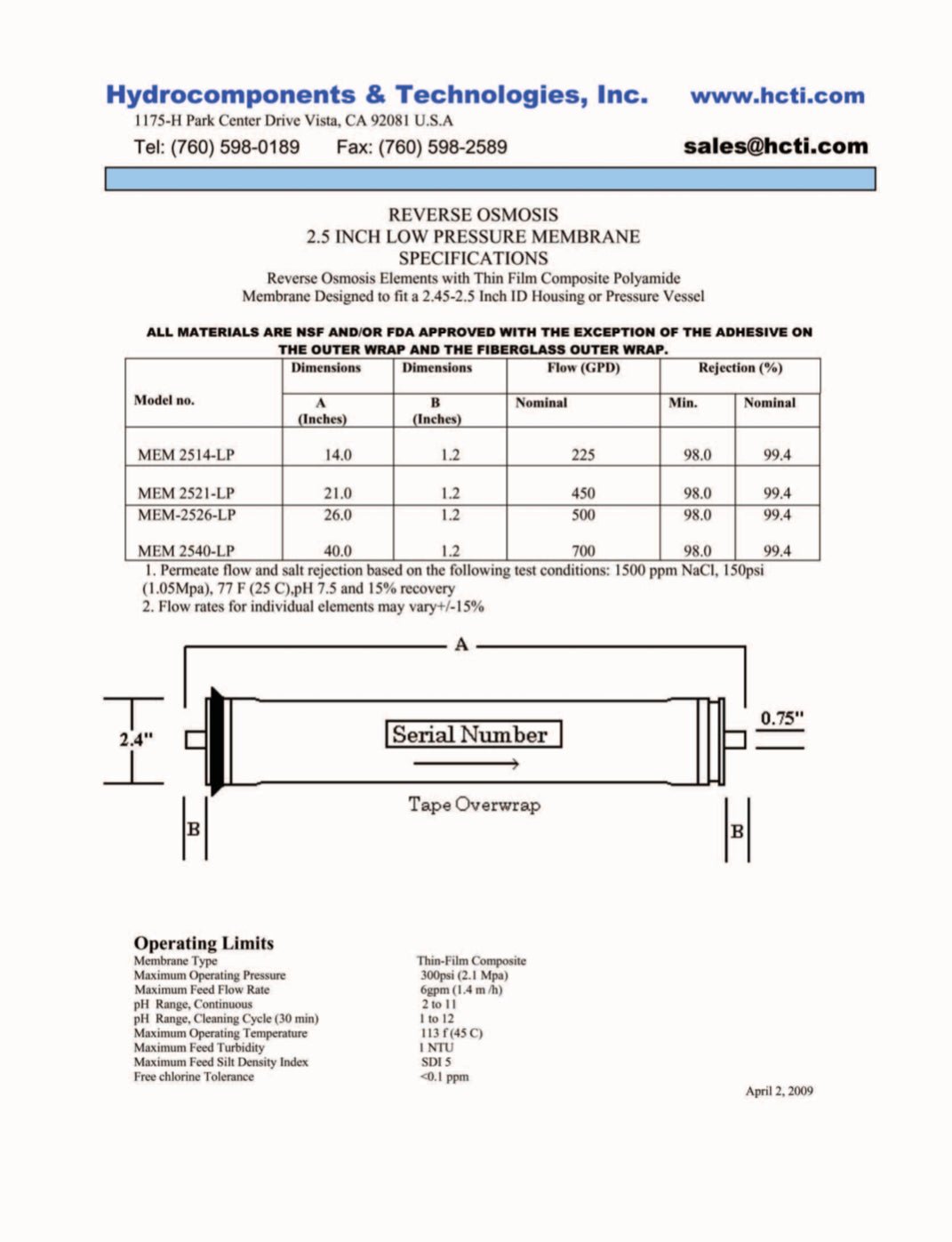 MEM - 2540LP 150 PSI at 700 GPD 2.5 x 40 inch Low Pressure / Low Energy / Energy Saving , Tap Water / Brackish Water - Hydrocomponents & Technologies Inc.