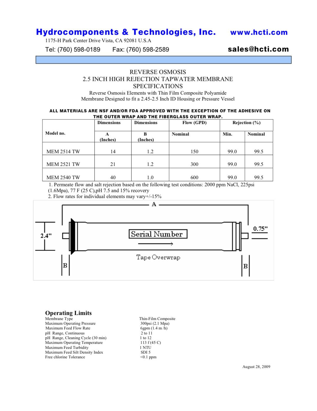 Replaces AG2540TM Veolia / Suez / GE / Osmonics / Desal 600 GPD at 225 PSI 2.5 x 40 inch HCTI Membranes - Hydrocomponents & Technologies Inc.