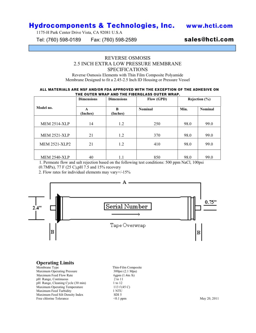 100 PSI at 250 GPD 2.5 x 14 inch Extra Low Pressure HCTI Membranes MEM - 2514XLP - Hydrocomponents & Technologies Inc.