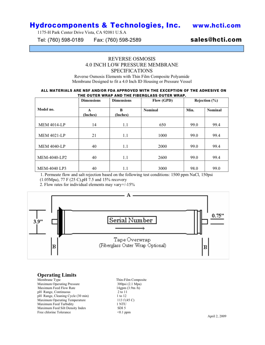 150 PSI at 2400 GPD 4 x 40 inch Energy Saving Low Pressure HCTI Membranes MEM - 4040LP2 - Hydrocomponents & Technologies Inc.