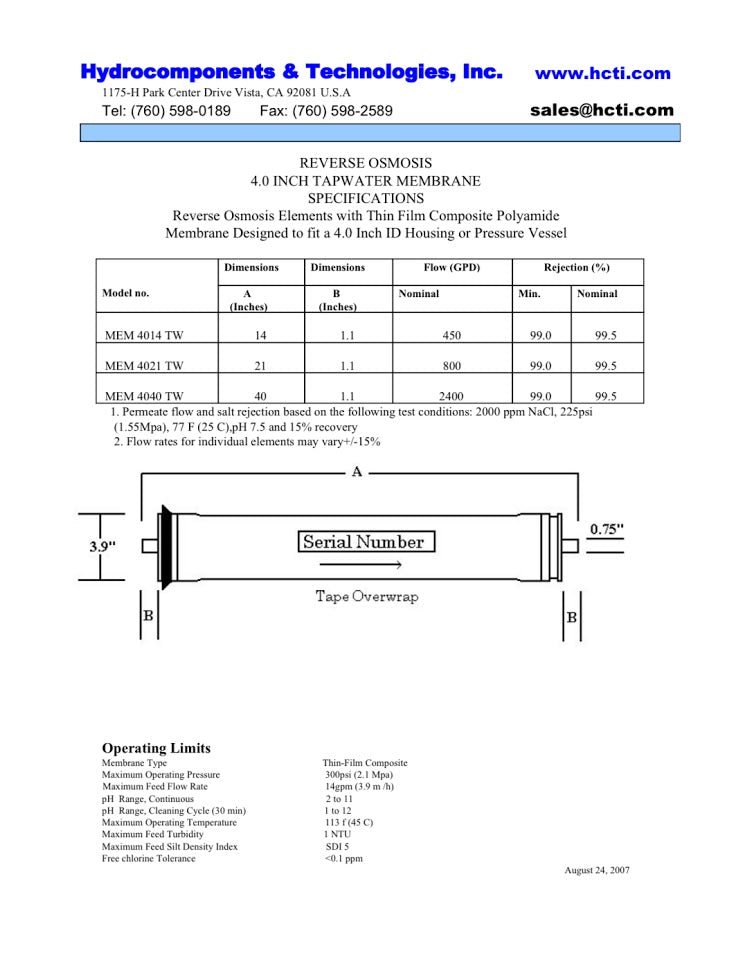 2,400 GPD at 205 PSI 4 x 40 inch HCTI Membranes ( MEM - 4040TW ) - Hydrocomponents & Technologies Inc.