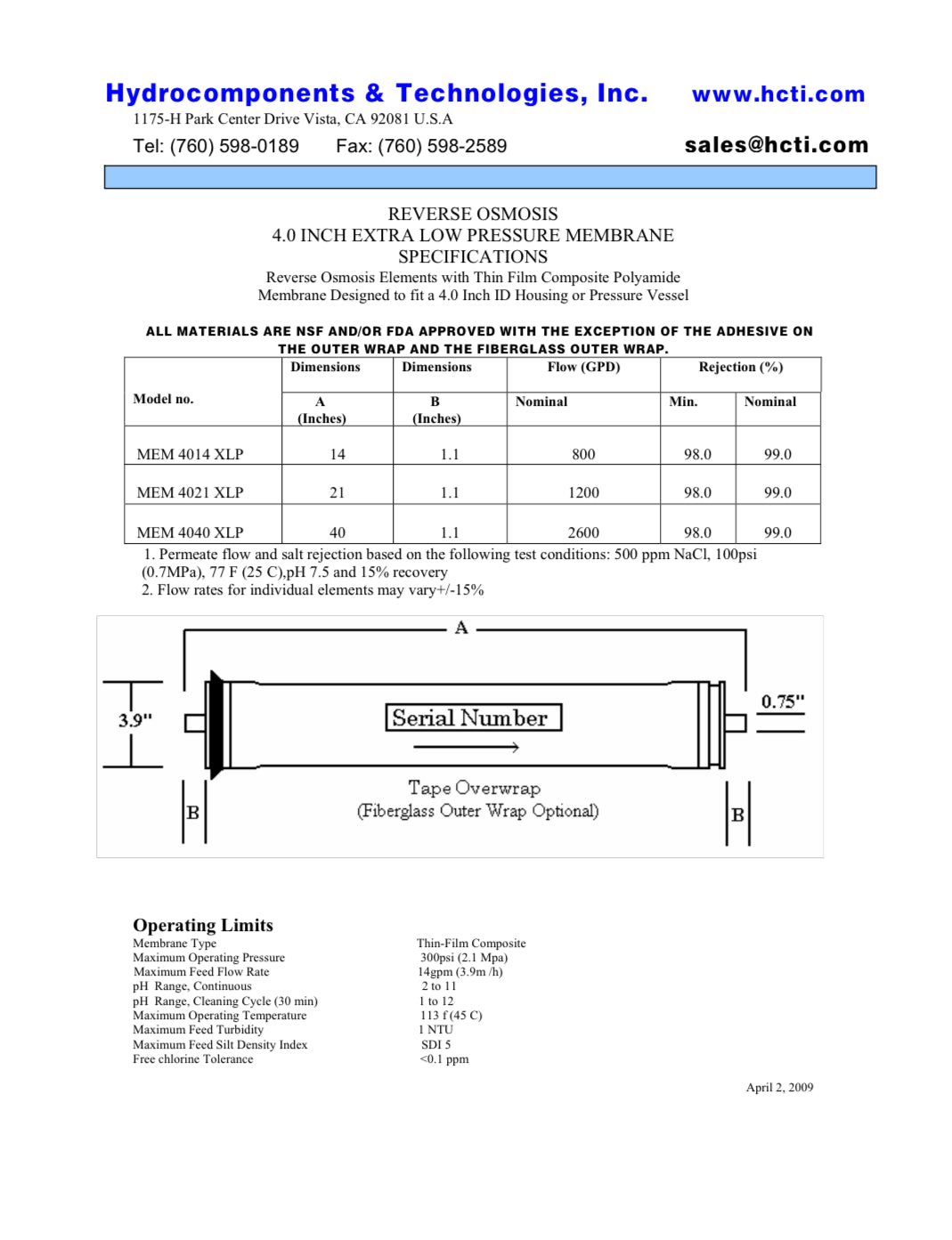 Replaces XLE - 4014 FilmTec DOW / DuPont Membranes (MEM - 4014XLP) - Hydrocomponents & Technologies Inc.
