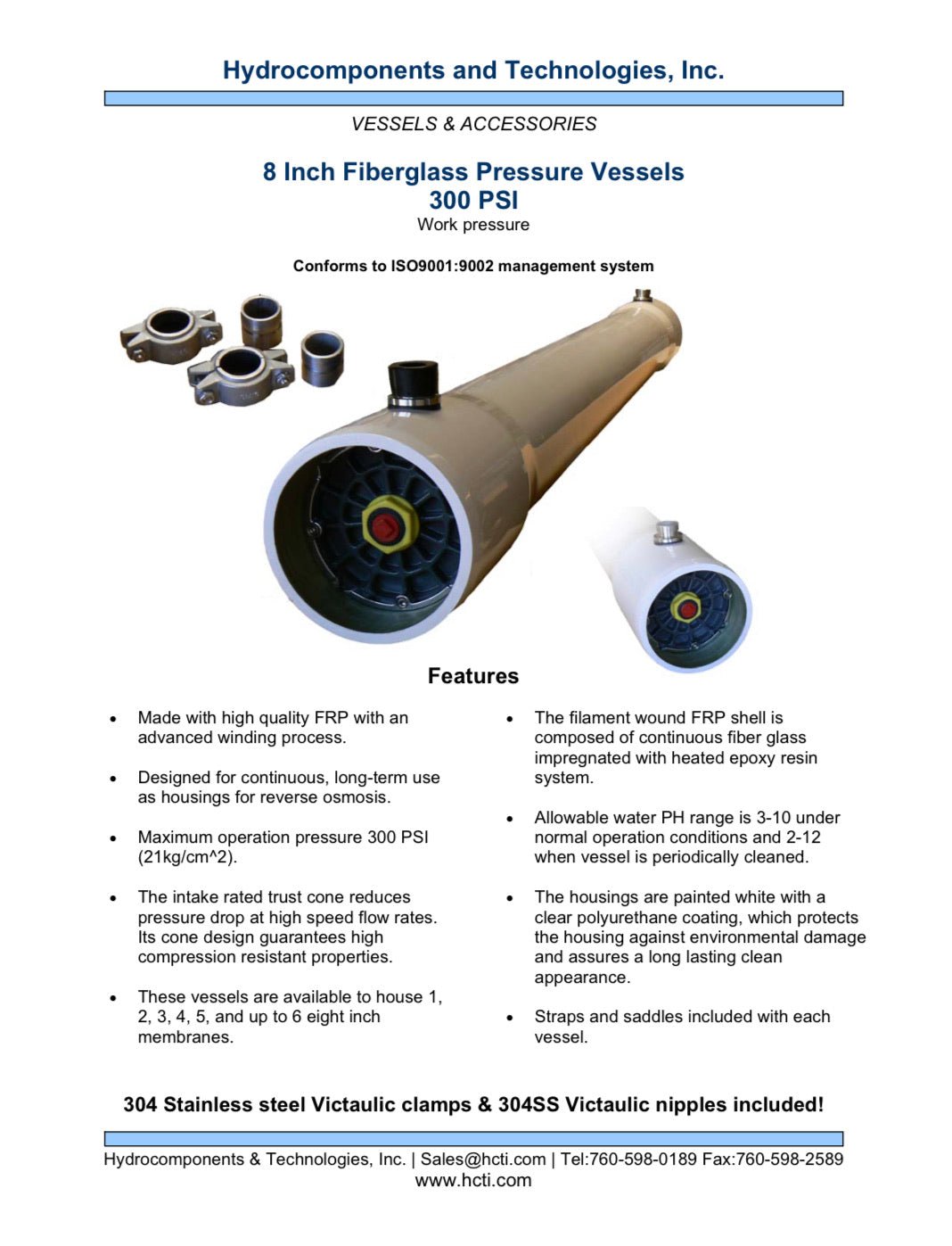 PV - 8040SE - FRP - 300 8 in. 300 PSI FRP Fiberglass Pressure Vessel Membrane Housings - Hydrocomponents & Technologies Inc.