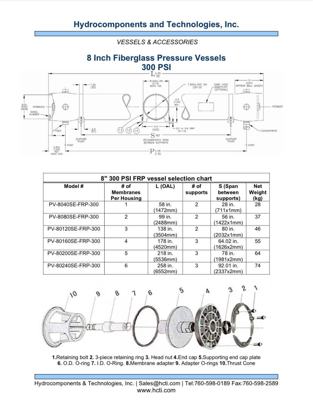 PV - 8040SE - FRP - 300 8 in. 300 PSI FRP Fiberglass Pressure Vessel Membrane Housings - Hydrocomponents & Technologies Inc.